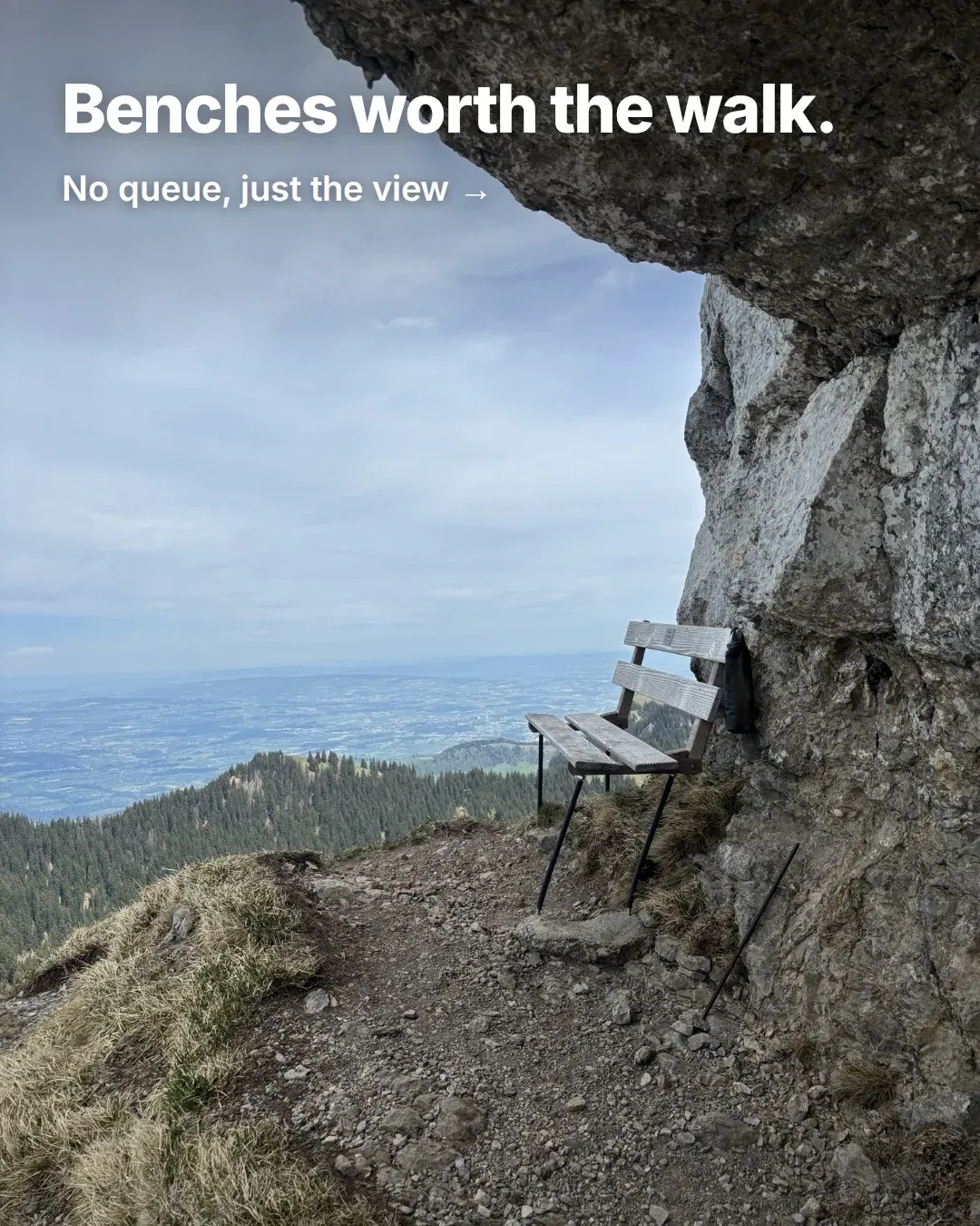 Instagram post titled Benches worth the walk, with a bench under a rock overhang