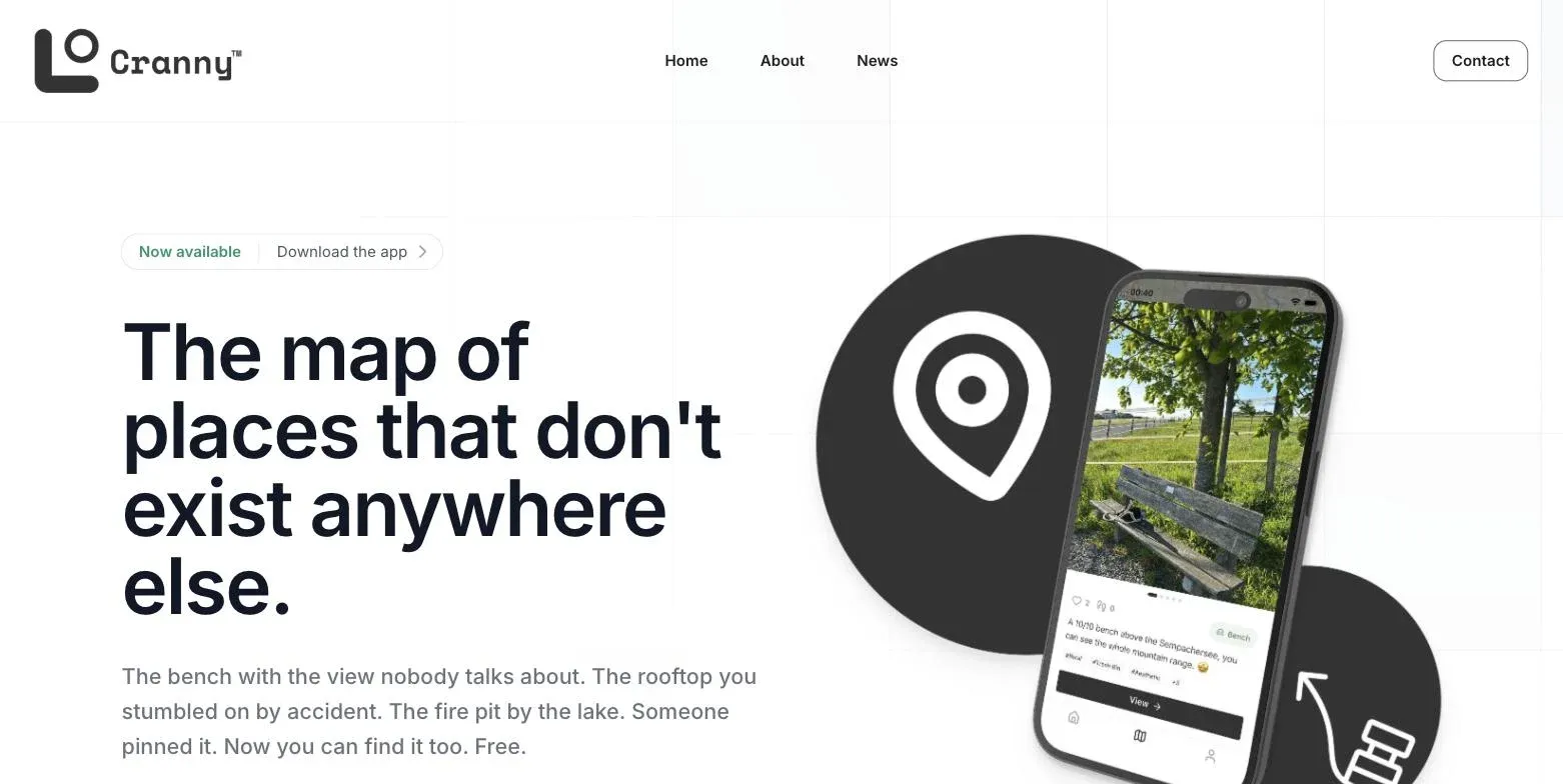 Cranny website start page with the app on a phone