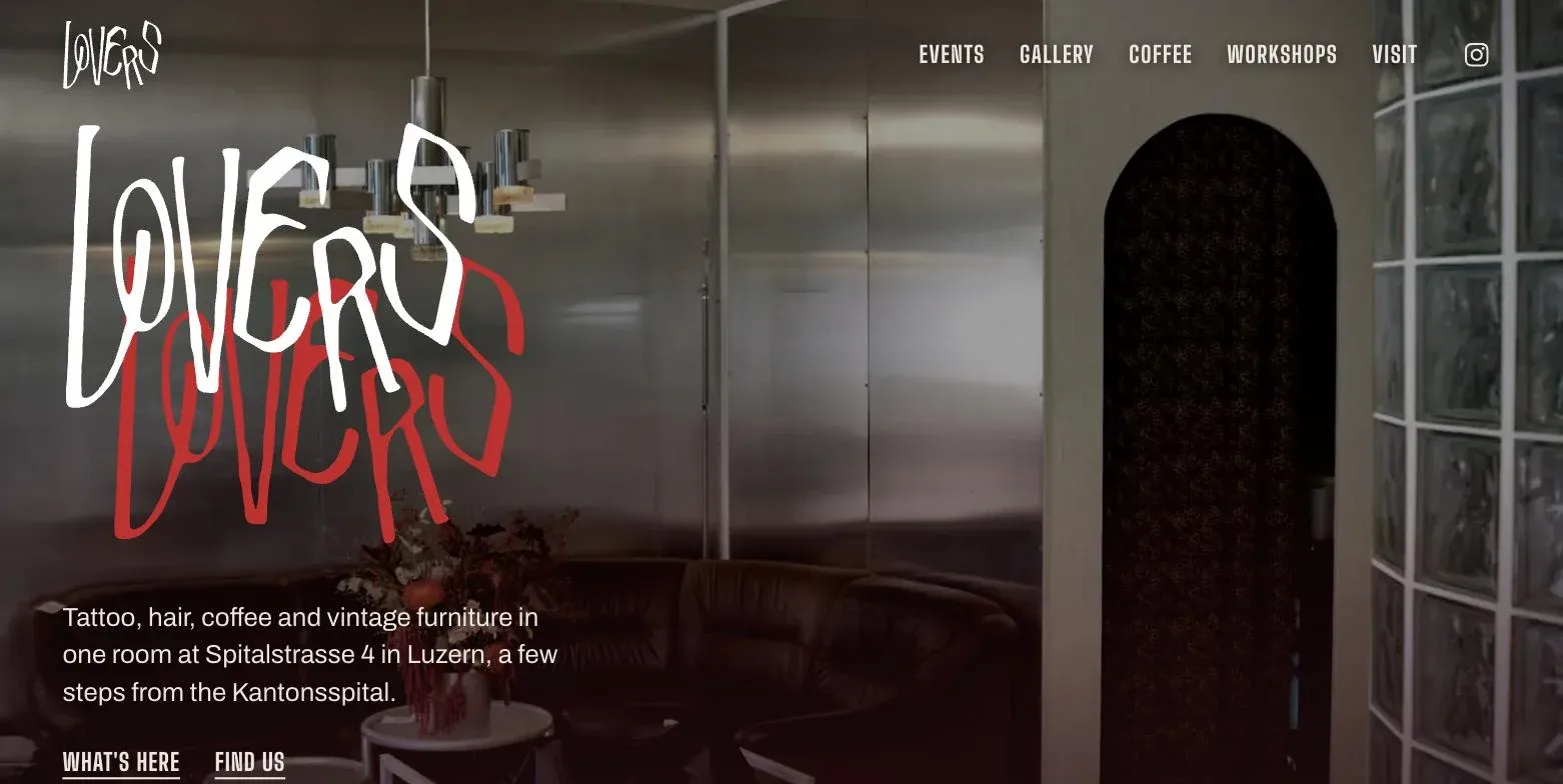 Lovers website start page with the hand-drawn logo over a photo of the room
