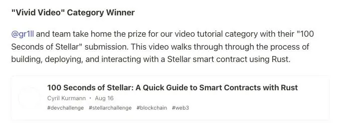 dev.to winners post naming the Vivid Video category winner