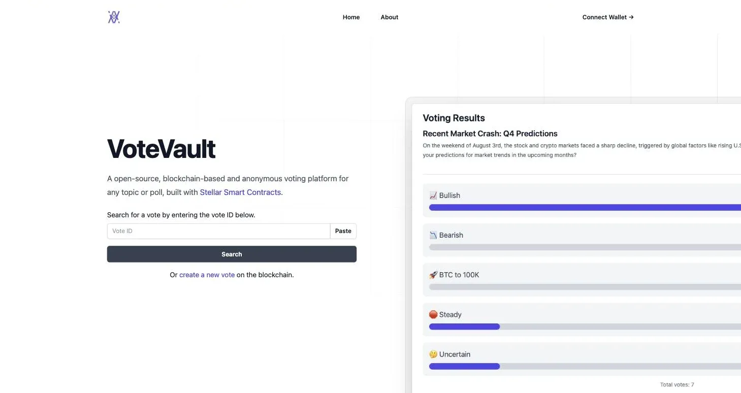 VoteVault start page with a vote search and live voting results