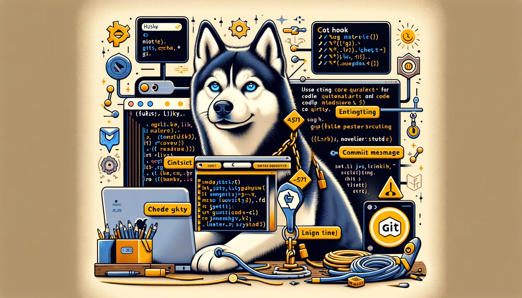 Image of a cartoon husky sitting in front of a coding IDE's.